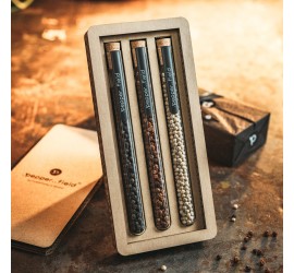 Darčeková sada malých skúmaviek s kampotským korením (3x 10 g) v krabičke z dizajnového kartónu